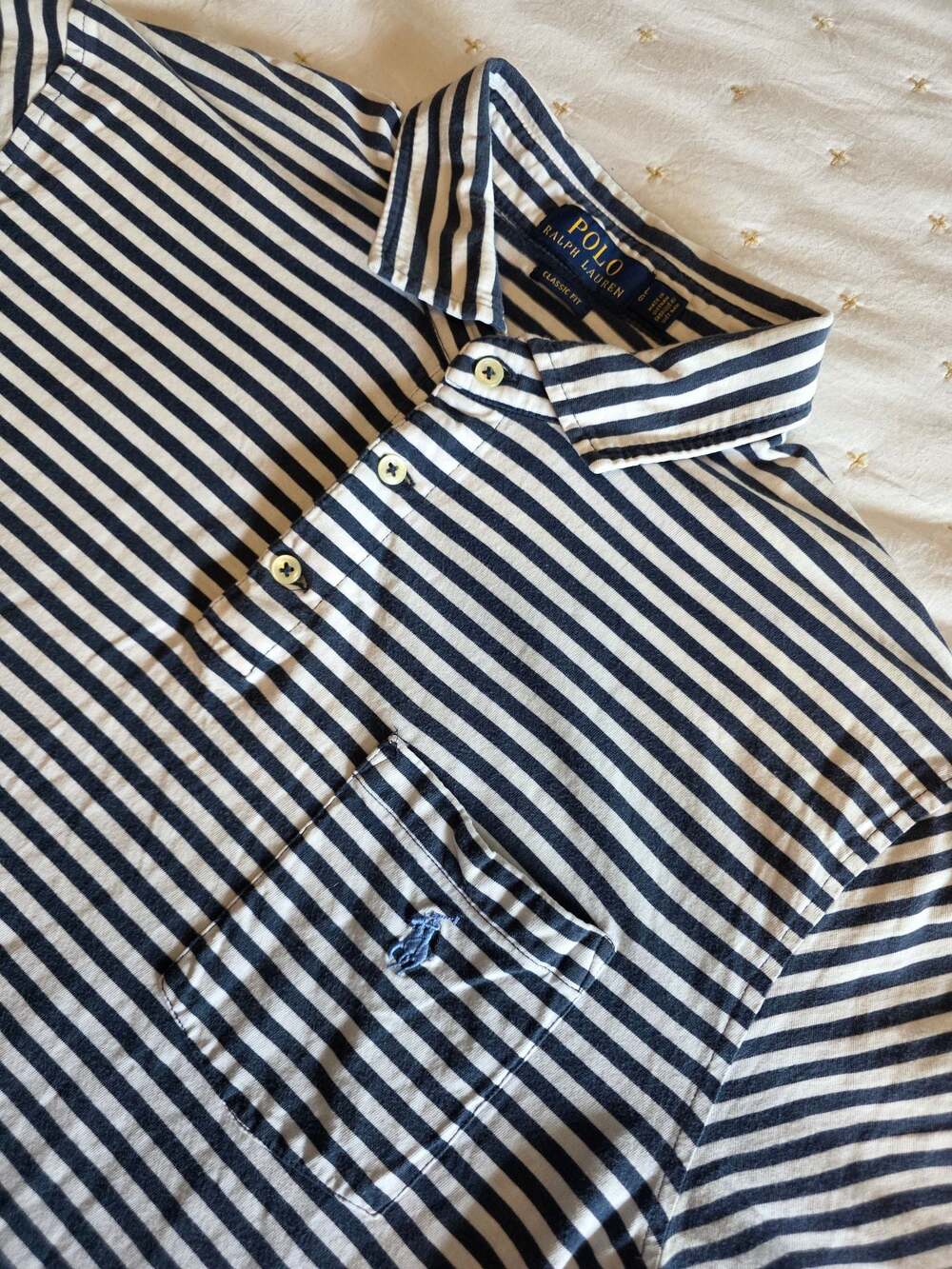 Polo Ralph Lauren Men's Classic Fit Navy and White Striped Polo Shirt with Pocke